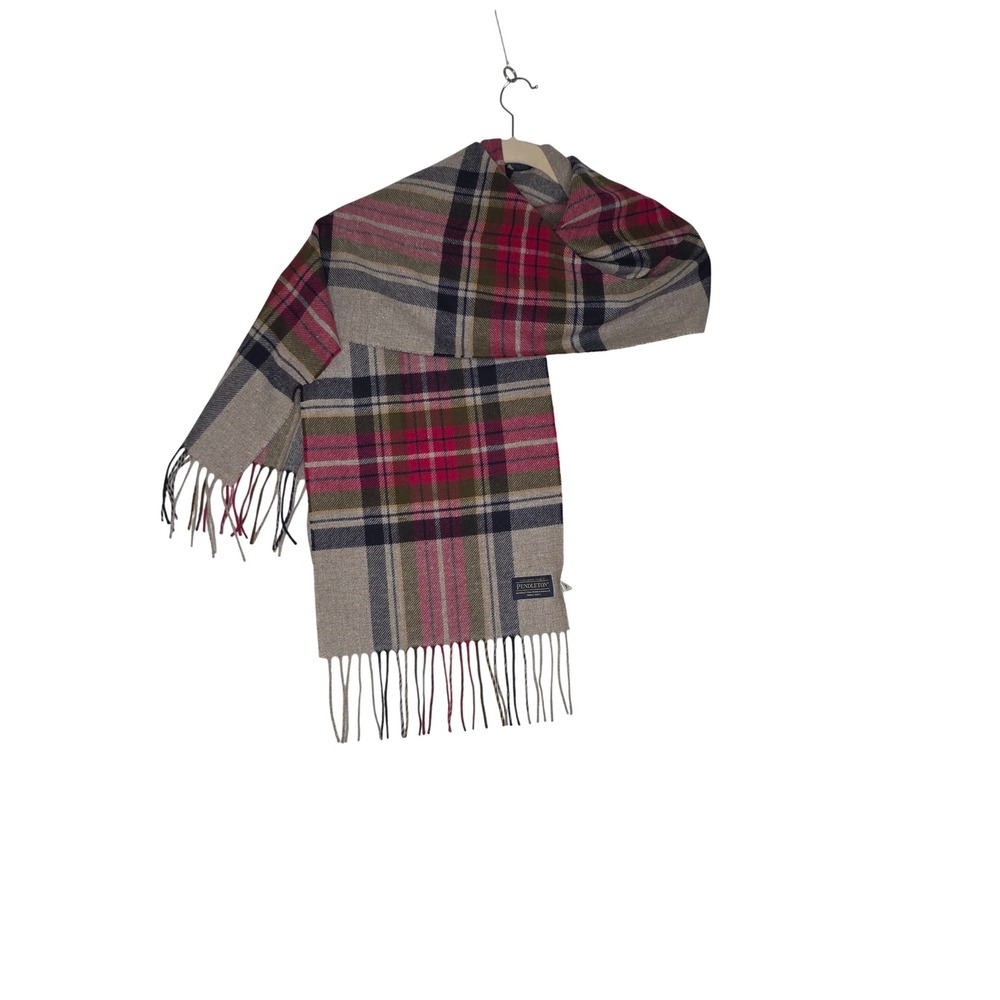 Pendleton Wool Plaid Scarf Tan Red Navy Fringed Unisex Made in USA Classic Fall